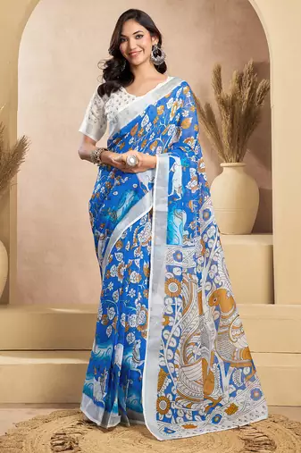 Blue digital printed linen ready to wear designer saree with unstitched blouse
