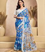 Blue digital printed linen ready to wear designer saree with unstitched blouse