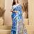 Blue digital printed linen ready to wear designer saree with unstitched blouse