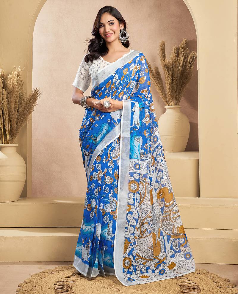 Blue digital printed linen ready to wear designer saree with unstitched blouse