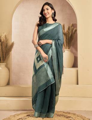 Digital printed linen ready to wear pocket saree with unstitched blouse 3