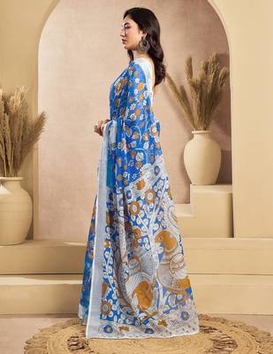 Blue digital printed linen ready to wear designer saree with unstitched blouse 3