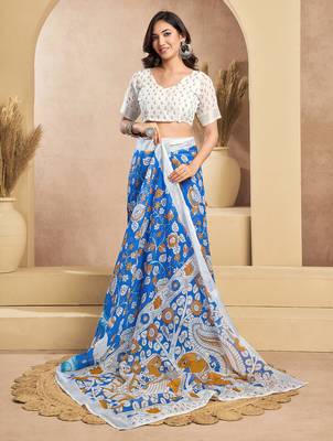 Blue digital printed linen ready to wear designer saree with unstitched blouse 5