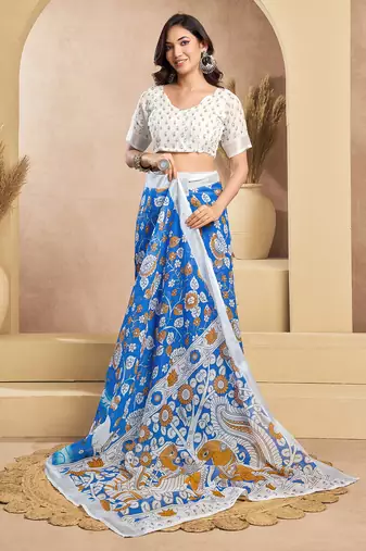 Blue digital printed linen ready to wear designer saree with unstitched blouse