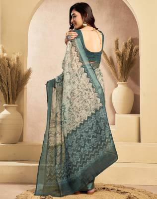 Digital printed linen ready to wear designer saree with unstitched blouse 4