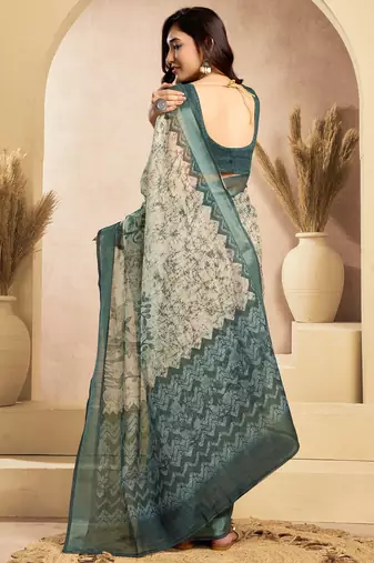 Digital printed linen ready to wear designer saree with unstitched blouse
