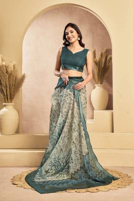Digital printed linen ready to wear designer saree with unstitched blouse 5