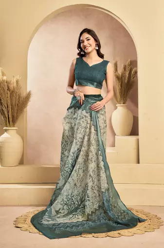Digital printed linen ready to wear designer saree with unstitched blouse