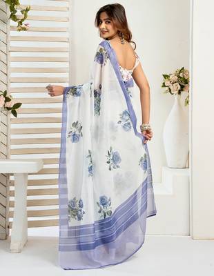 Blue digital printed linen ready to wear designer saree with unstitched blouse 4