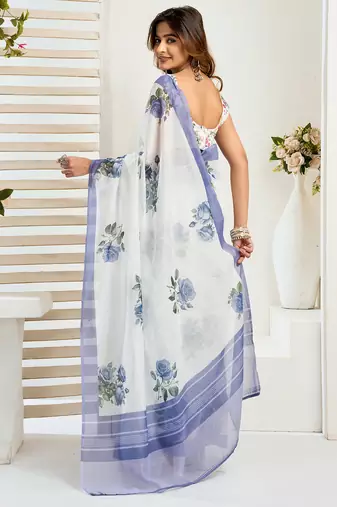Blue digital printed linen ready to wear designer saree with unstitched blouse