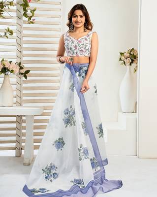 Blue digital printed linen ready to wear designer saree with unstitched blouse 5