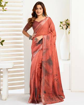 Brown digital printed linen ready to wear designer saree with unstitched blouse 1