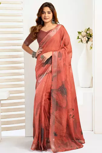 Brown digital printed linen ready to wear designer saree with unstitched blouse