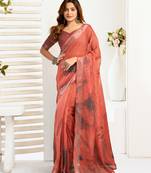 Brown digital printed linen ready to wear designer saree with unstitched blouse