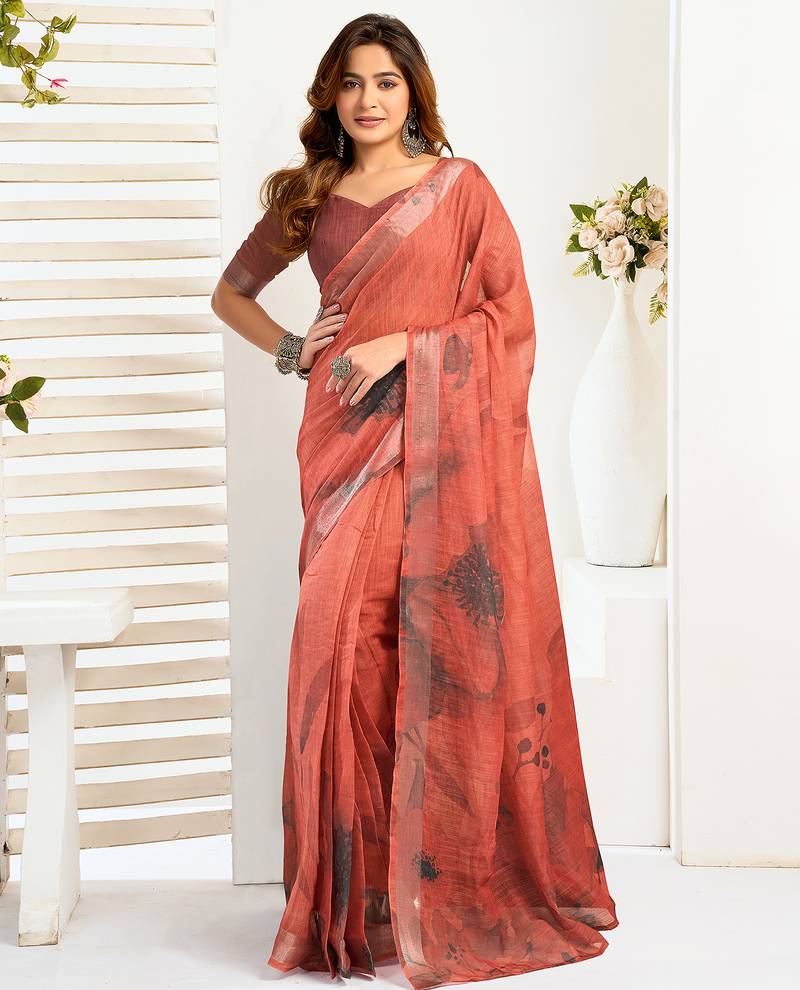 Brown digital printed linen ready to wear designer saree with unstitched blouse