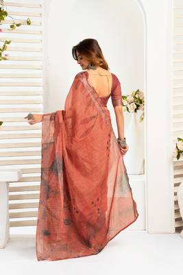 Brown digital printed linen ready to wear designer saree with unstitched blouse 4