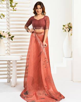 Brown digital printed linen ready to wear designer saree with unstitched blouse 5