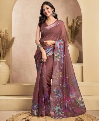 Coffee digital printed linen ready to wear designer saree with unstitched blouse 1
