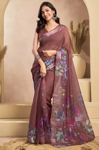 Coffee digital printed linen ready to wear designer saree with unstitched blouse