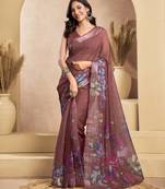 Coffee digital printed linen ready to wear designer saree with unstitched blouse