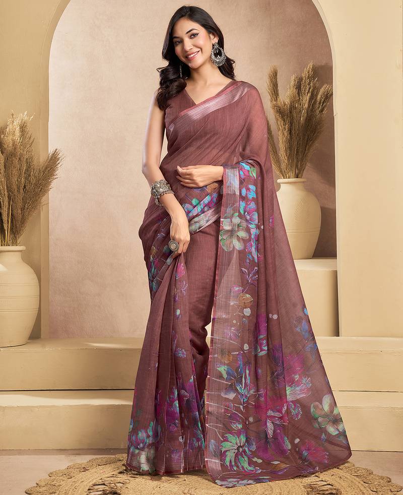 Coffee digital printed linen ready to wear designer saree with unstitched blouse