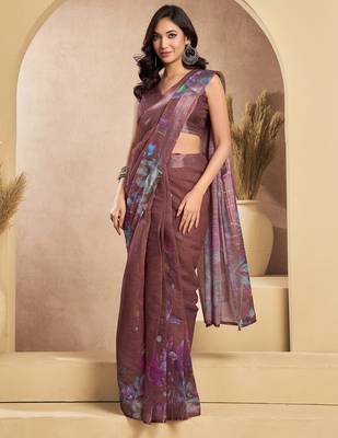 Coffee digital printed linen ready to wear designer saree with unstitched blouse 3
