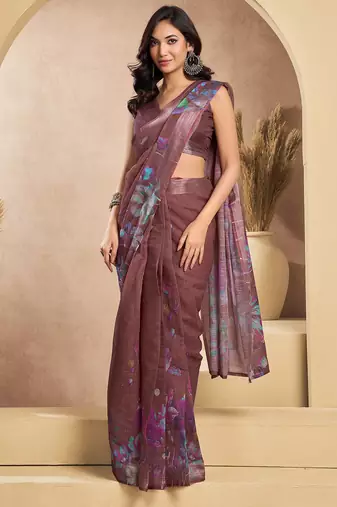 Coffee digital printed linen ready to wear designer saree with unstitched blouse