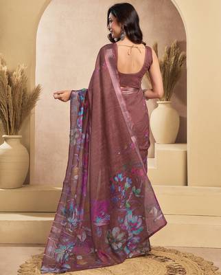 Coffee digital printed linen ready to wear designer saree with unstitched blouse 4