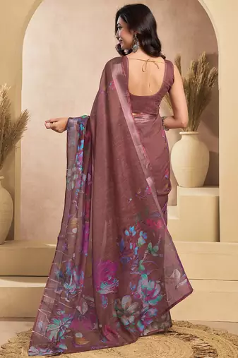 Coffee digital printed linen ready to wear designer saree with unstitched blouse