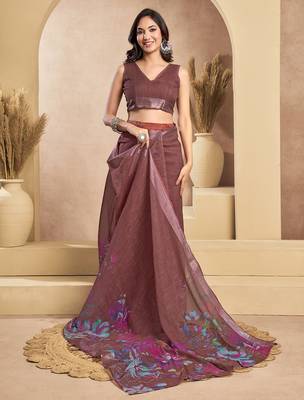 Coffee digital printed linen ready to wear designer saree with unstitched blouse 5