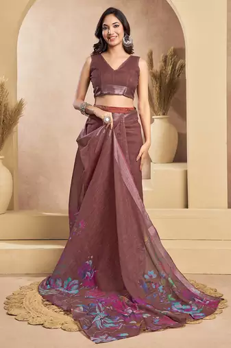 Coffee digital printed linen ready to wear designer saree with unstitched blouse