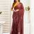 Dark brown digital printed linen ready to wear designer saree with unstitched blouse
