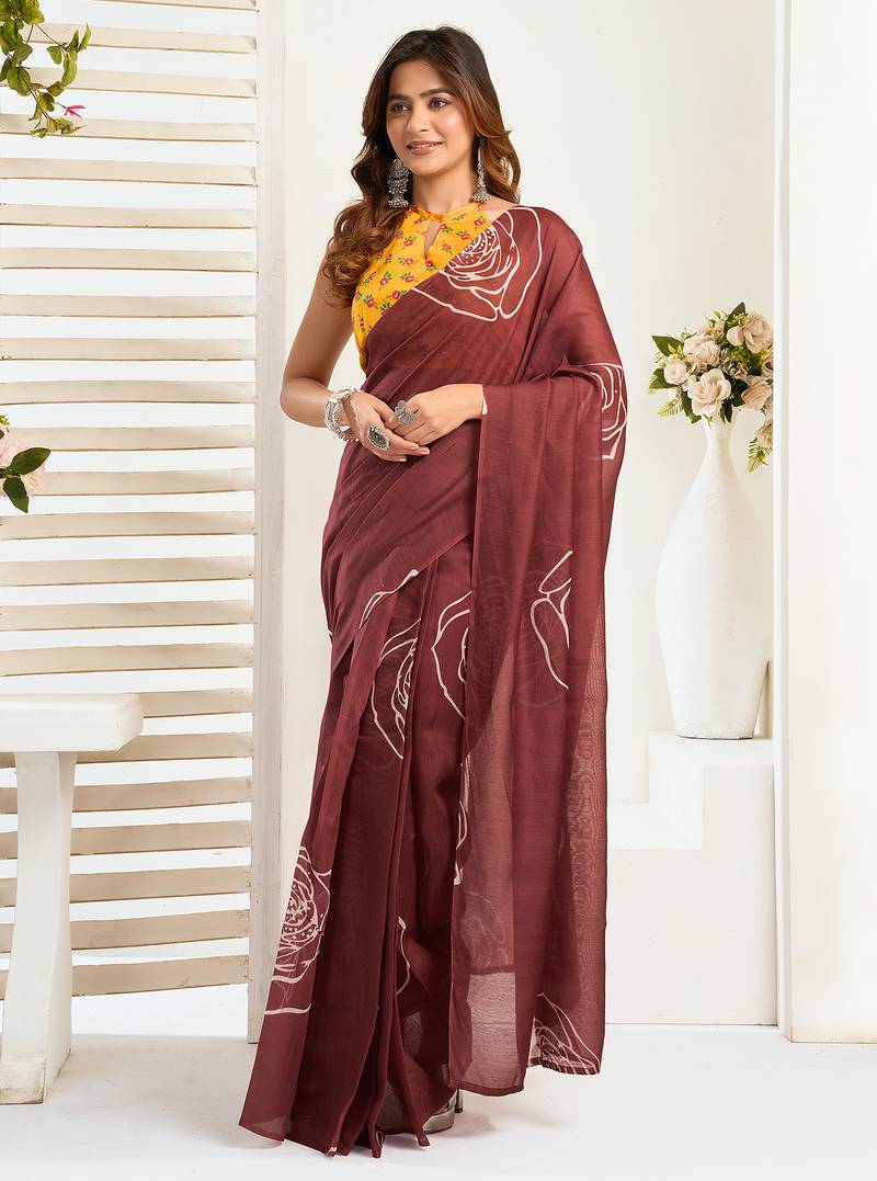 Dark brown digital printed linen ready to wear designer saree with unstitched blouse