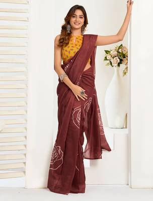 Dark brown digital printed linen ready to wear designer saree with unstitched blouse 3