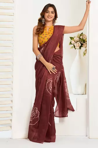 Dark brown digital printed linen ready to wear designer saree with unstitched blouse