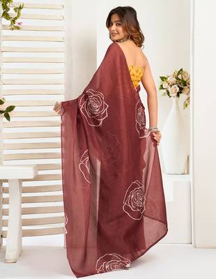 Dark brown digital printed linen ready to wear designer saree with unstitched blouse 4