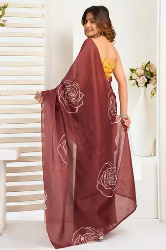 Dark brown digital printed linen ready to wear designer saree with unstitched blouse