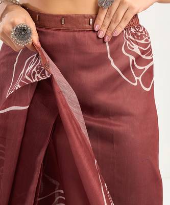 Dark brown digital printed linen ready to wear designer saree with unstitched blouse 5