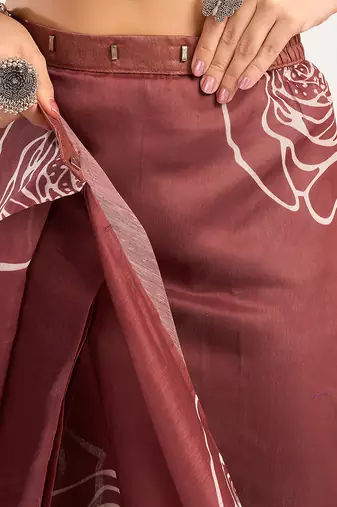 Dark brown digital printed linen ready to wear designer saree with unstitched blouse
