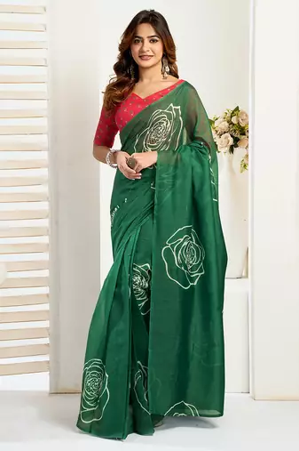 Green digital printed linen ready to wear designer saree with unstitched blouse