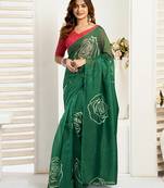 Green digital printed linen ready to wear designer saree with unstitched blouse