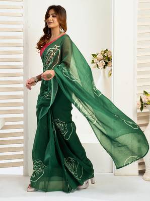 Green digital printed linen ready to wear designer saree with unstitched blouse 3