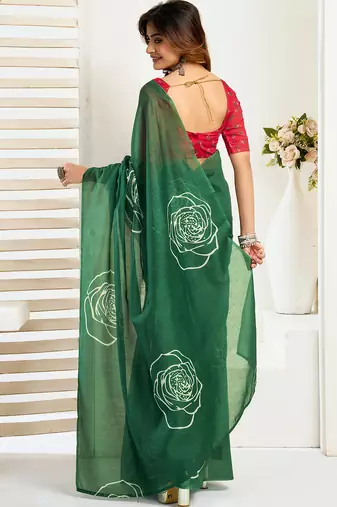 Green digital printed linen ready to wear designer saree with unstitched blouse