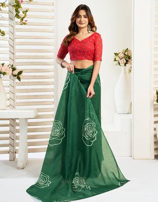 Green digital printed linen ready to wear designer saree with unstitched blouse 5
