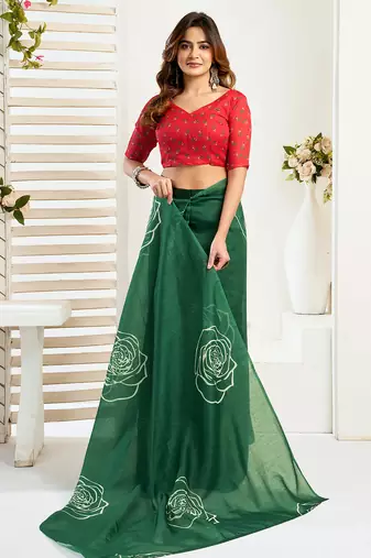 Green digital printed linen ready to wear designer saree with unstitched blouse