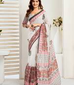 Green digital printed linen ready to wear designer saree with unstitched blouse