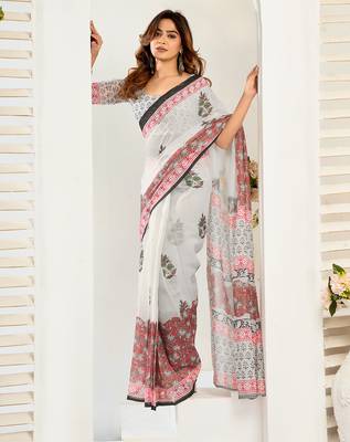 Green digital printed linen ready to wear designer saree with unstitched blouse 3