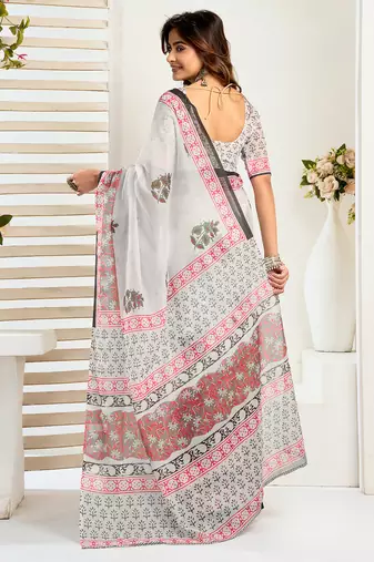 Green digital printed linen ready to wear designer saree with unstitched blouse