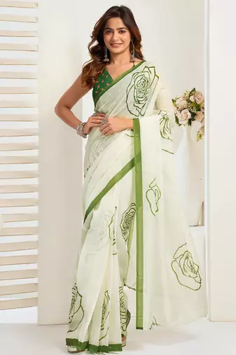 Green digital printed linen ready to wear designer saree with unstitched blouse