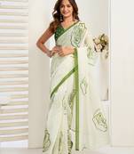 Green digital printed linen ready to wear designer saree with unstitched blouse